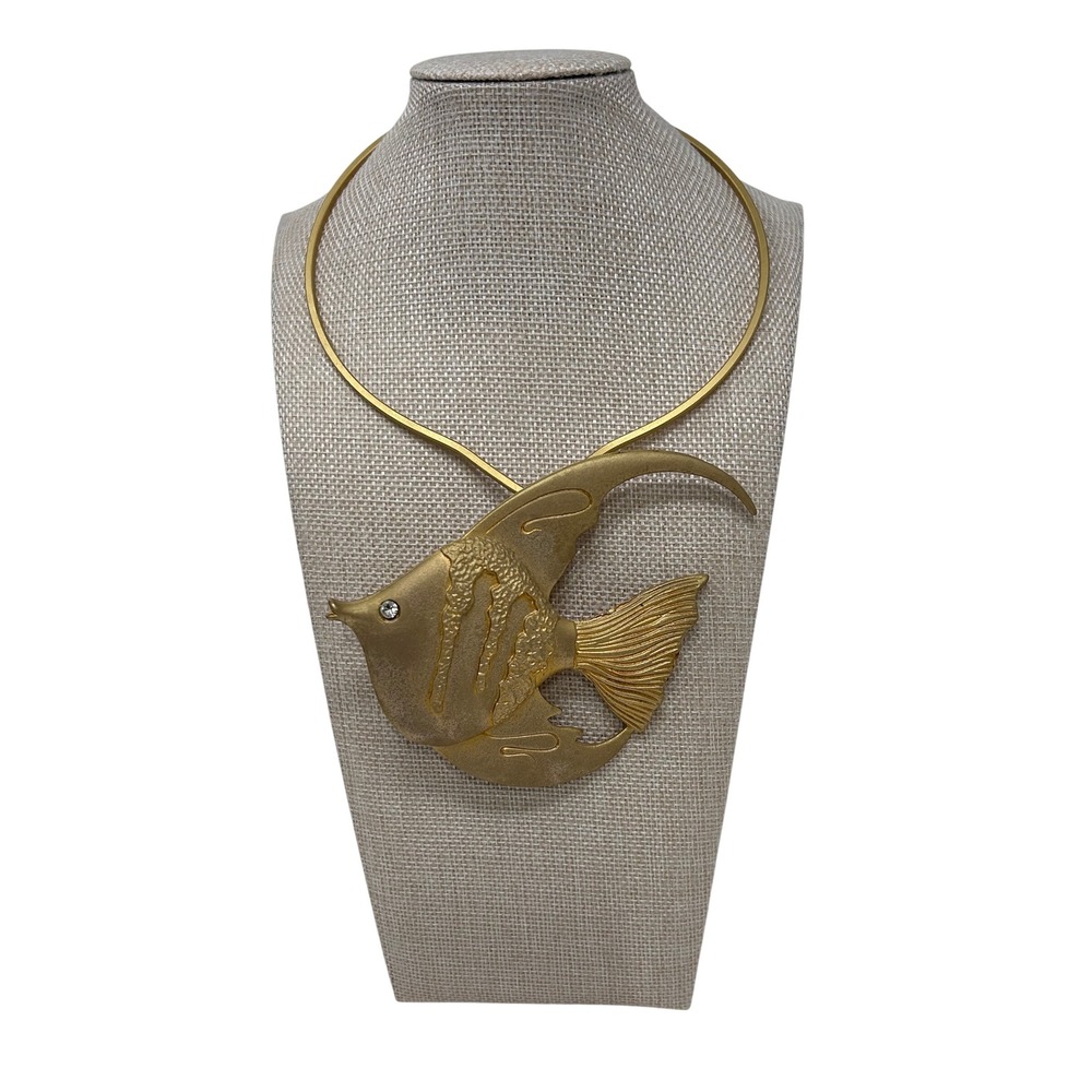 Vintage Gold Tone Angelfish Statement Collar Necklace Rhinestone Eye Nautical